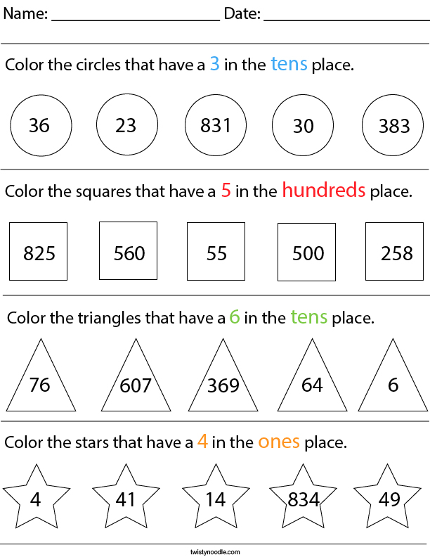 Place Value Color the Shapes Math Worksheet Twisty Noodle
